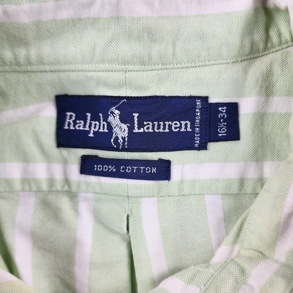 Polo Ralph Lauren Button Down Shirt Mens 16-34 Large Green White Stripe Pony